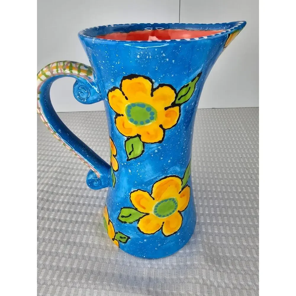 Fusion Pottery Yellow Flower and Blue Pitcher‎ w/handle and Red Finish Inside
